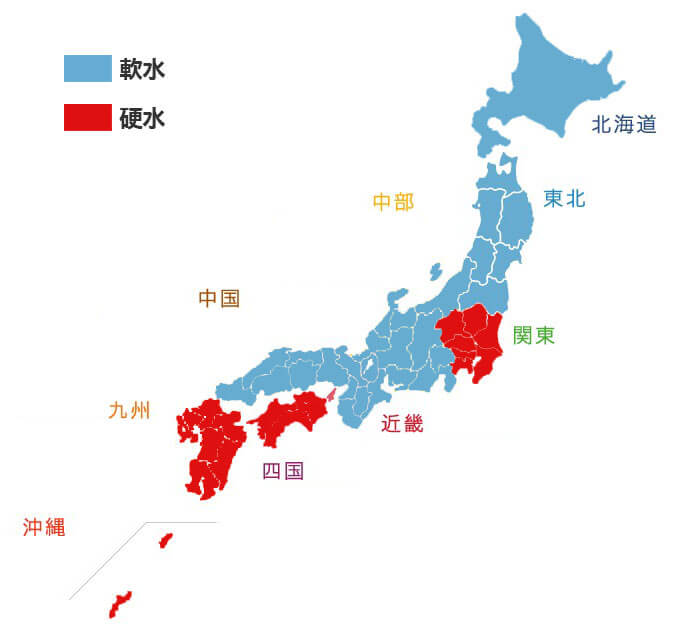 ミネラルウォーターの軟水・硬水分布図